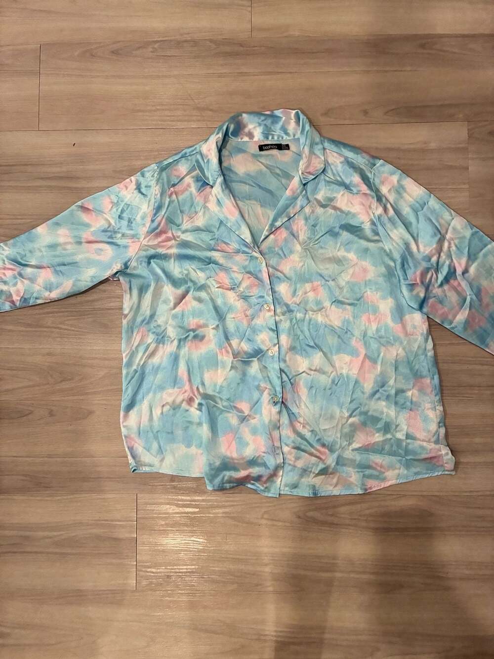 Boohoo Top US 14 Blue Pink Tie Dye Satin Shirt
